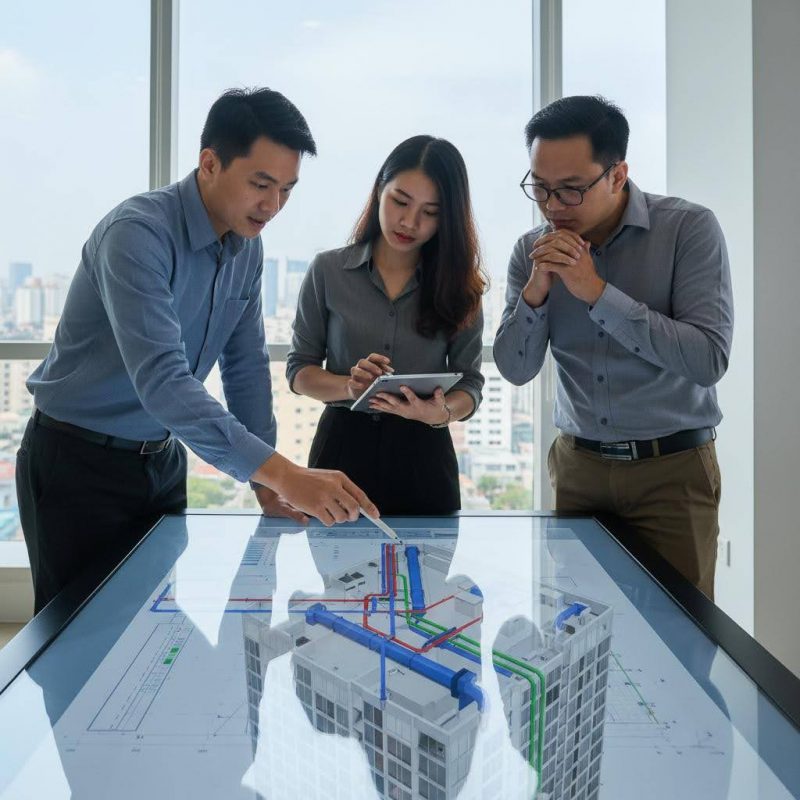 Kỹ sư MEP sử dụng công nghệ BIM để thiết kế và tích hợp các hệ thống cơ điện nước phức tạp vào công trình hiện đại.