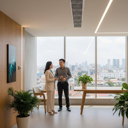 Môi trường làm việc tiện nghi và hiệu quả, minh chứng cho tầm quan trọng của hệ thống M&E hiện đại.