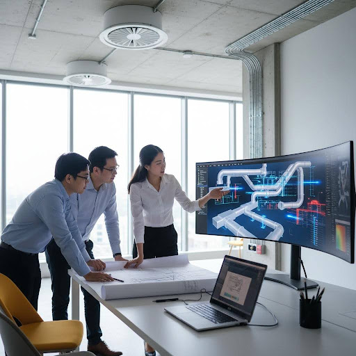 Kỹ sư M&E làm việc cùng nhau, thiết kế hệ thống phức tạp cho các công trình hiện đại.